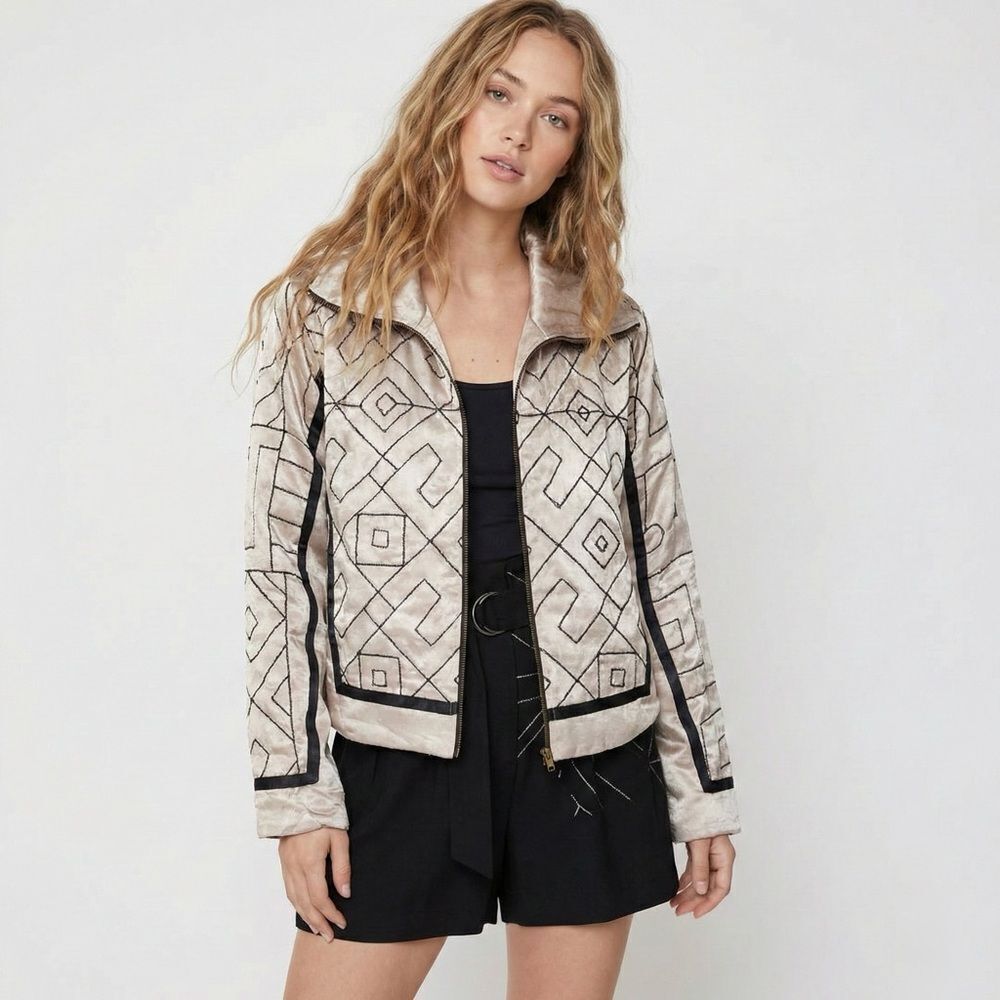 Nu Denmark NWOT Embroidered Geometric Zip Jacket Metallic Festival Boho Small
